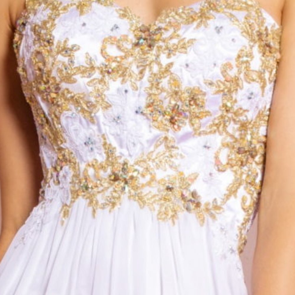 NEW LONG SLEEVELESS A-LINE STRAPLESS DRESS EMBROIDERED WITH RHINESTONES GL2050 - Picture 10 of 10